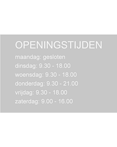 Raamfolie / Glasfolie met openingstijden op maat gemaakt voor de voordeur. Diverse mogelijkheden qua lettertype, enz.